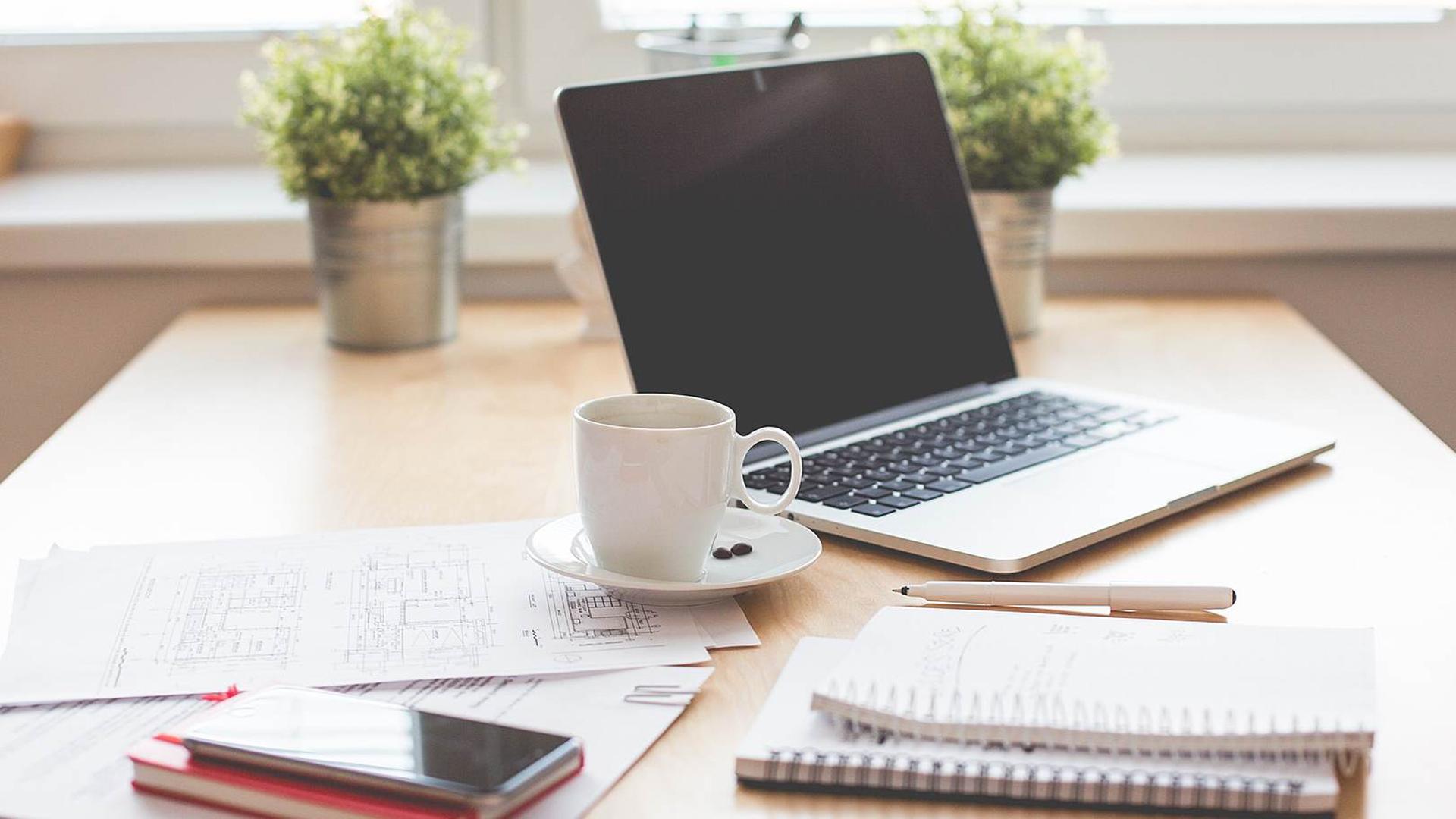 Laptop, coffee cup, pen, notebooks, phone, papers, and plants on table