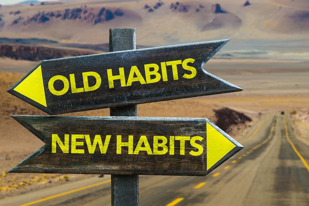 Sign post with arrow to left noting "old habits" and arrow to right "new habits" with desert road in background
