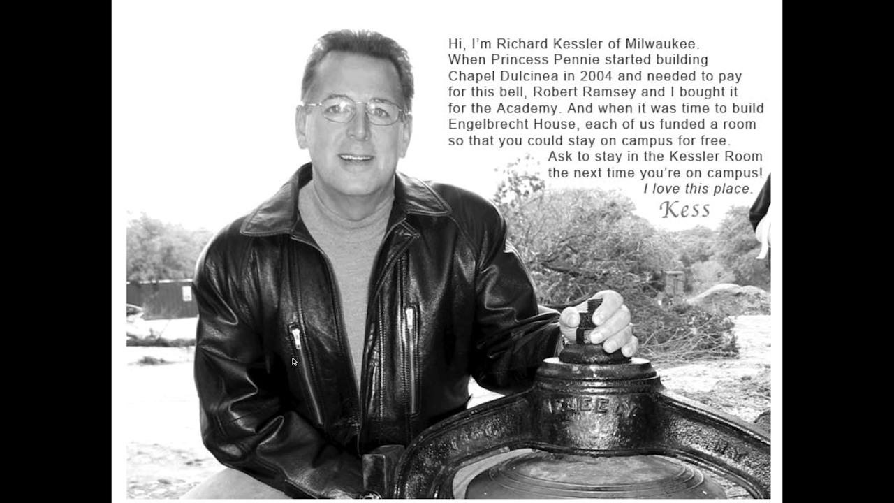 Photo of Richard Kessler next to bell with quote about Wizard Academy